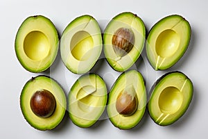 Top view of isolated halves of avocadoes. Generative AI