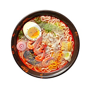 Top view of an isolated and ornate dark japanese bowl floral motifs with ramen food on cutout PNG transparent background photo