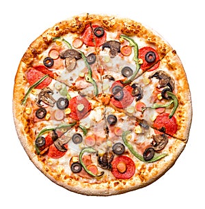 Top view of isolated pizza on white background