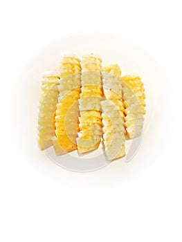 Top view, Isolated Sliced pineapple on plate