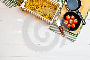Top view of Italian pasta ingredients for cooking