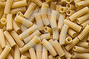 Top view of Italian uncooked tortiglioni pasta