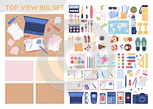 Top view items 2D vector isolated illustrations big set