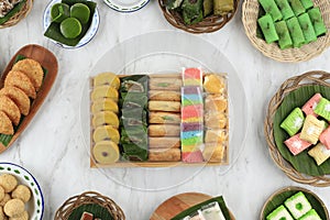 Top View Jajan Pasar, Various Kue Basah Indonesian Traditional Cake photo