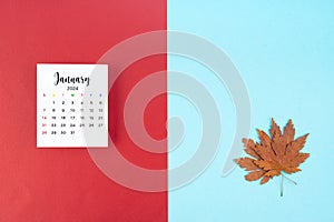 Top view of a January 2024 calendar and autumn foliage on a red and blue background