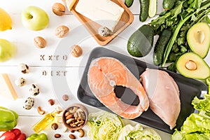 Top view of the keto or ketogenic diet on a white background. a set of healthy foods with a high protein content and a good source