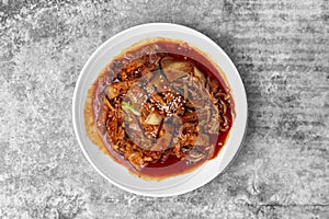 Top view Kimchi Stir Fried with Pork Belly, Korean Food