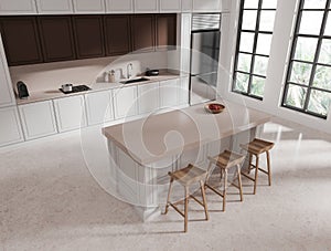 Top view of kitchen interior with bar countertop and cooking corner with window