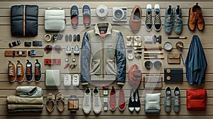 Top View of knolling layout of clothes and accessories captured in a captivating 3D Render graphic on wood background photo