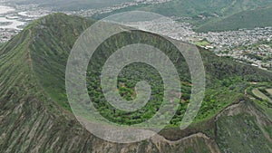 Top view of Koko head crater. 4K drone shot Oahu island Hawaii USA cloudy day