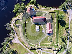 Top view at the Korela fortress with walls, buildings and inner yard. Korela the ancient Karelian fortification was build in