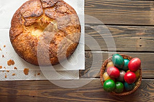 Top view of a Kozunak Traditional Easter homemade sweet bulgarian bread and colored eggs in a red wicker basket