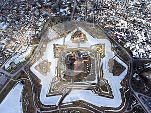 Top view at Kuressaare town with Castle and surroundings at spring season. The Saaremaa island, Estonia, Europe