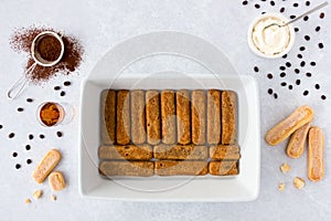 Top View of Ladyfingers in Tiramisu Form and Tiramisu Ingredients