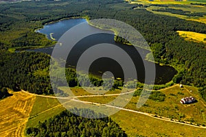 Top view of the lake Bolta in the forest in the Braslav lakes National Park, the most beautiful places in Belarus.An island in the