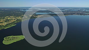 Top view of lake Drivyaty in the Braslav lakes National Park, the most beautiful lakes in Belarus.An island in the lake