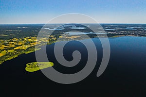 Top view of lake Drivyaty in the Braslav lakes National Park, the most beautiful lakes in Belarus.An island in the lake.Belarus