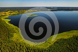 Top view of lake Drivyaty in the Braslav lakes National Park, the most beautiful lakes in Belarus.An island in the lake.Belarus