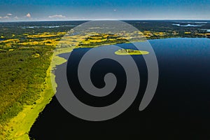 Top view of lake Drivyaty in the Braslav lakes National Park, the most beautiful lakes in Belarus.An island in the lake.Belarus