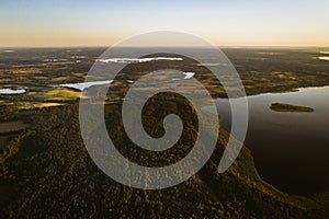 Top view of lake Drivyaty in the Braslav lakes National Park, the most beautiful lakes in Belarus.An island in the lake.Belarus