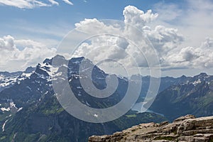 Top view on lake kloental in glarus with glaernisch mountain photo