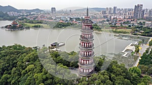 Top view of the lake in the Park. Mountain Shunfengshan Park, Foshan City, China