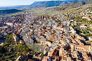 Top view of landscape with buildings and mountains in Berga in Spain