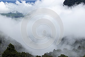 Top view Landscape of Morning Mist with Mountain Layer at north of Thailand. mountain ridge and clouds in rural jungle bush forest