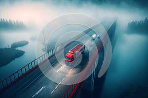 Top view landscape with red truck on bridge in foggy morning, blue color tones