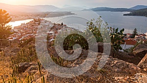 Top view of the landscape during sunset of Poros island