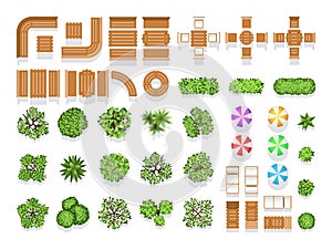 Top view landscaping architecture city park plan vector symbols, wooden benches and trees