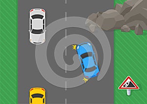 Top view of a landslides and rockfalls on the road. Safe driving tips and traffic regulation rules.