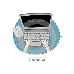 Top view of laptop and coding child. Vector illustration