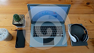 Top view of a laptop with graphs in screen and smartphone and headphones on tiger skin with coffee mugs and buckets of flowers on