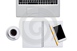 Top view of laptop, spiral notebook with pencil, smart phone and cup of coffee isolated over white background. Work place of busin