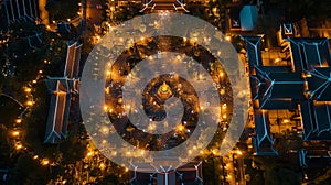 A top view of a large Buddhist temple ground during Visakha Bucha Day, crowds of devotees moving in a candlelit