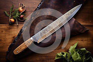 top view of a large chefs knife lodged into a rustic oak table