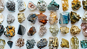 Top view of a large geological collection of semi-precious stones, stones and minerals. Dark background. Generative AI