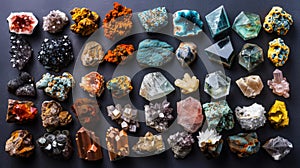 Top view of a large geological collection of semi-precious stones, stones and minerals. Dark background. Generative AI