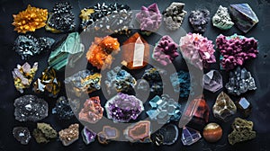 Top view of a large geological collection of semi-precious stones, stones and minerals. Dark background. Generative AI