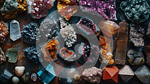 Top view of a large geological collection of semi-precious stones, stones and minerals. Dark background. Generative AI