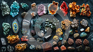 Top view of a large geological collection of semi-precious stones, stones and minerals. Dark background. Generative AI