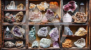 Top view of a large geological collection of semi-precious stones, stones and minerals. Dark background. Generative AI