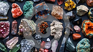 Top view of a large geological collection of semi-precious stones, stones and minerals. Dark background. Generative AI