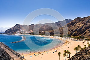 Top view of Las Teresitas beach with yellow sand. Near the city of Santa Cruz de Tenerife, Tenerife, Canary Islands