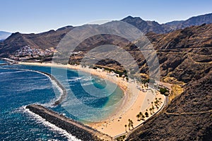 Top view of Las Teresitas beach with yellow sand. Near the city of Santa Cruz de Tenerife, Tenerife, Canary Islands