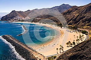 Top view of Las Teresitas beach with yellow sand. Near the city of Santa Cruz de Tenerife, Tenerife, Canary Islands