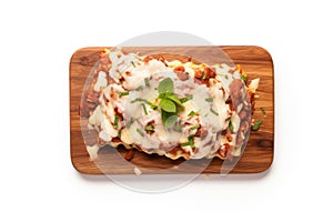 Top View, Lasagna On A Wooden Boardon White Background
