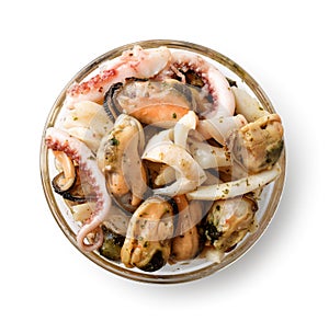 Top view of lass bowl with seafood mix