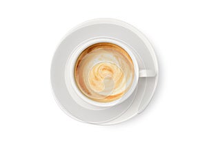 Top view of latte coffee in white cup